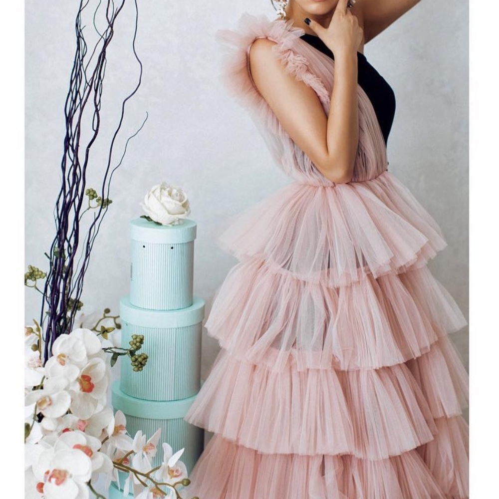 PINK&BLACK RUFFLED TULLE MIDI DRESS - Picture 3 of 5